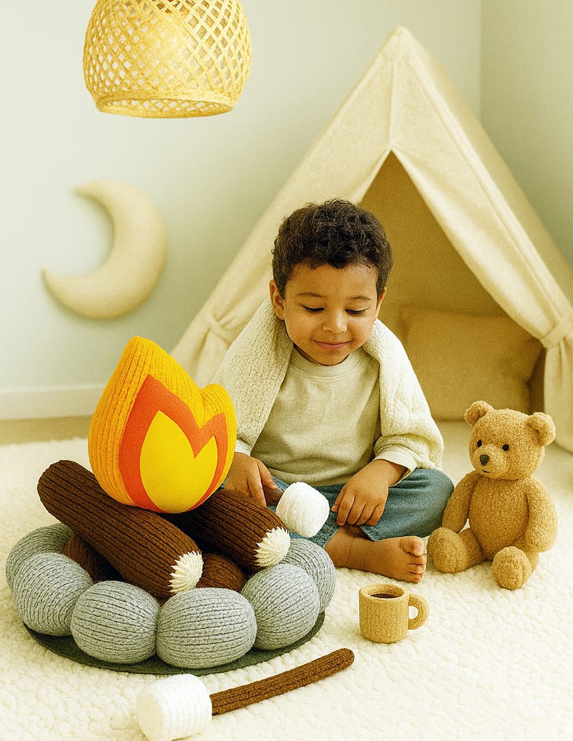 Knitted Campfire Play Set – Handmade Pretend Play, Indoor Camping
